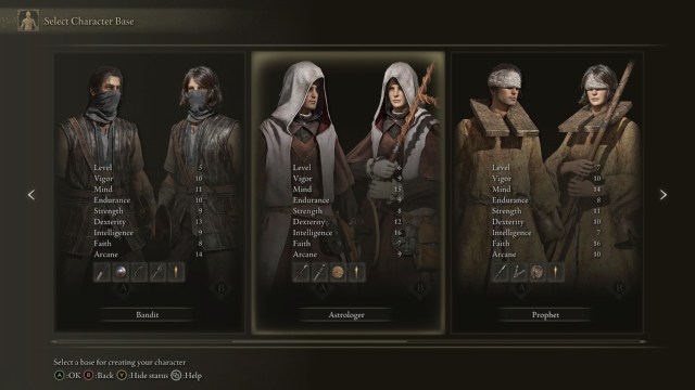Elden Ring screenshot of the Bandit, Astrologer, and Prophet character base options