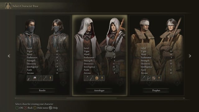 Elden Ring screenshot of the Bandit, Astrologer, and Prophet character base options