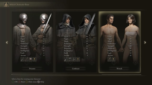 Elden Ring screenshot of the Prisoner, Confessor, and Wretch character base options