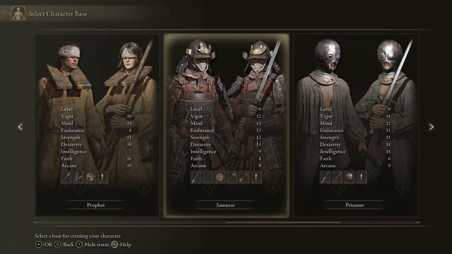 Elden Ring screenshot of the Prophet, Samurai, and Prisoner character base options