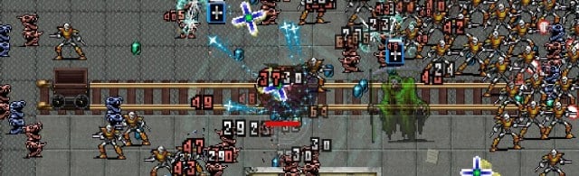 Vampire Survivors screenshot of stalker and a hoard of enemies advancing on the player in the Dairy Plant stage.