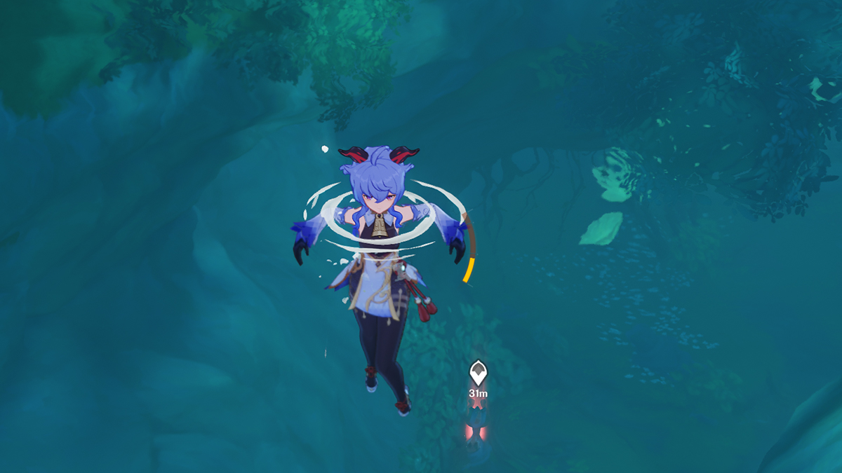 A screenshot of Ganyu swimming above the underwater Teleport Waypoint in Sumeru in Genshin Impact.