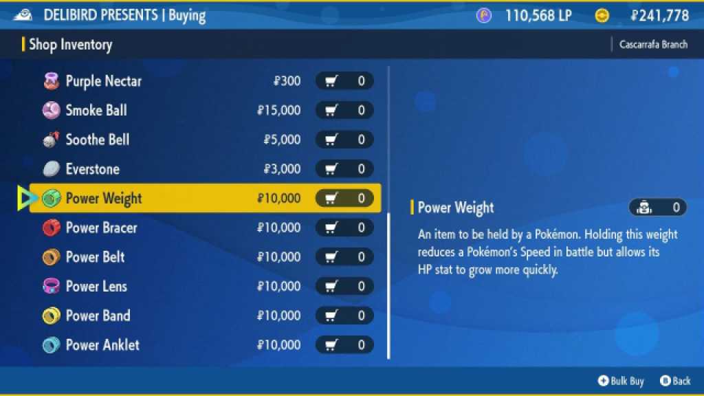 Power Weight Store Inventory in Pokemon Scarlet and Violet