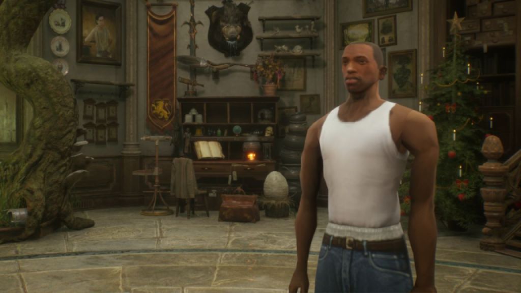 GTA San Andreas' CJ in Hogwarts Legacy.