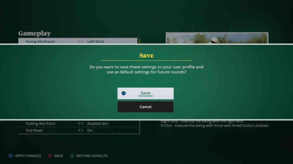 EA Sports PGA Tour | Settings changes confirmation 