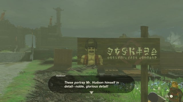 A Hudson Sign near a fort in ToTK's Hyrule.