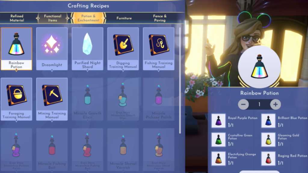 Disney Dreamlight Valley Rainbow Potion Crafting Menu