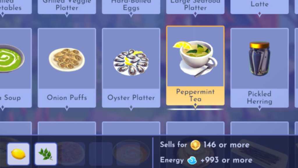 Peppermint Tea Menu Listing in Disney Dreamlight Valley