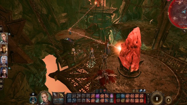 BG3 screenshot of a red crystal chaining Hope in the House of Hope prison.