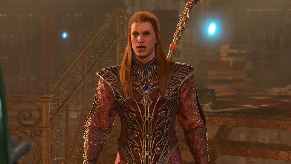 BG3 screenshot of Lorroakan in ornate red robes and staff behind his back