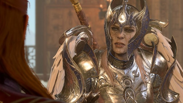 BG3 screenshot of Dame Aylin in full armor, glaring at Lorroakan.