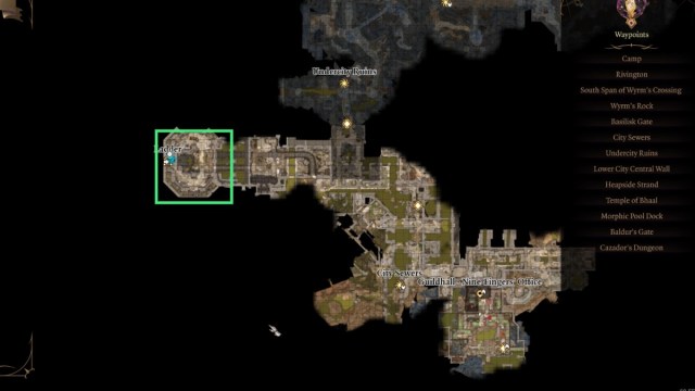 BG3 Lower City Sewers map with a green rectangle around Minsc's location.