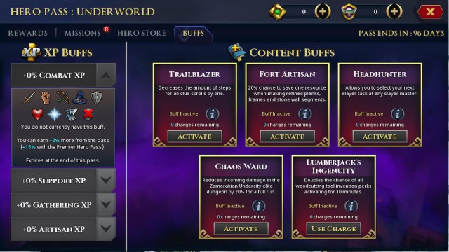 RuneScape Hero Pass Buff Interface