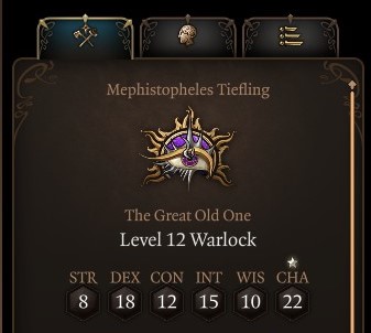 BG3 screenshot of a status menus for Msphistopheles Tiefling.