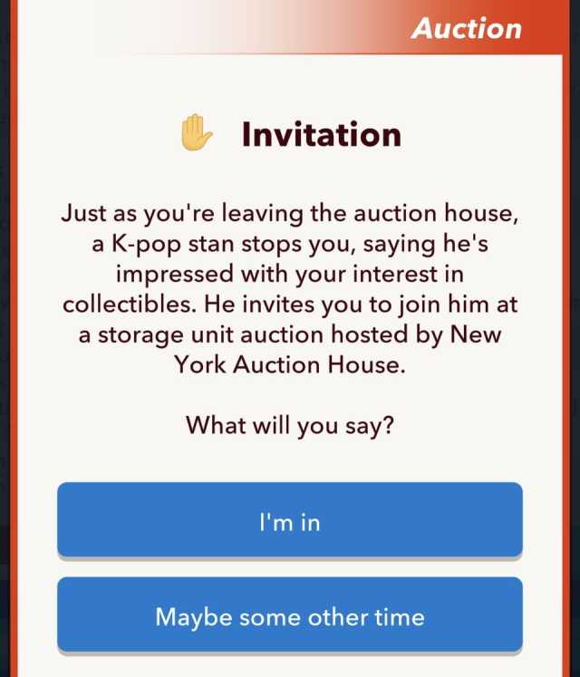 BitLife storage unit auction invitation