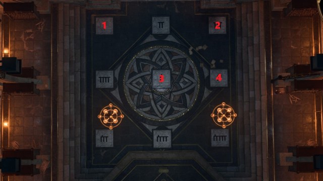 BG3 screenshot of the ornate square floor in the counting house vault showing with the order of symbols the player should step on, 1 through 4.