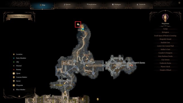 BG3 screenshot of the Lower City sewers map, with a red square around the Elder Brain location in the Undercity Ruins.