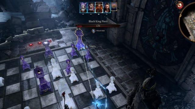 BG3 screenshot of a character using a lightning spell on the black king piece on the giant chess board in the chamber of strategy.