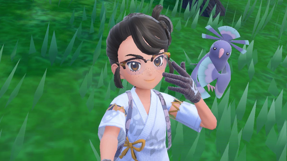 A screenshot of the player posing in front of a Sensu Style Oricorio in Pokémon Scarlet & Violet: The Teal Mask.