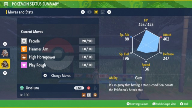 A Pokémon Scarlet and Violet screenshot showing a sample of regular Ursaluna's stats at Level 100.