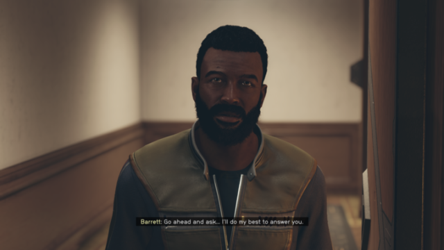 A screenshot of Barrett a character in starfield