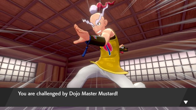 A Pokémon Sword & Shield: The Isle of Armor screenshot of the player being challenged to battle by Dojo Master Mustard.