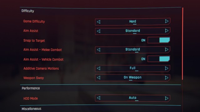 Cyberpunk 2077 Difficulty Settings Menu