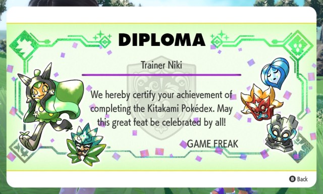 A screenshot of the diploma received for completing the Kitakami Pokédex in Pokémon Scarlet and Violet: The Teal Mask.