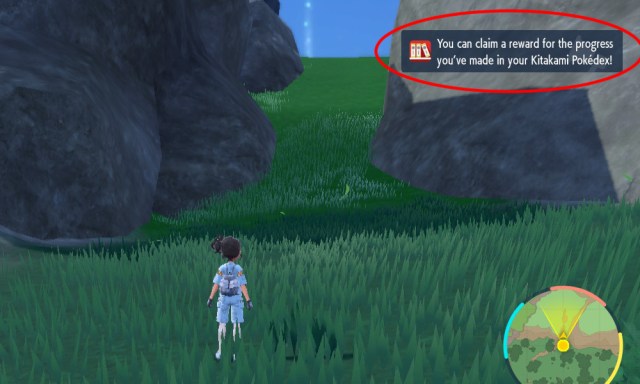 A Pokémon Scarlet & Violet: The Teal Mask screenshot of the player in a field, with the notification for rewards available in the top right corner circled.