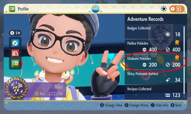 Screenshot of the player's profile with the Kitakami Pokédex profile mark circled in Pokémon Scarlet & Violet: The Teal Mask.