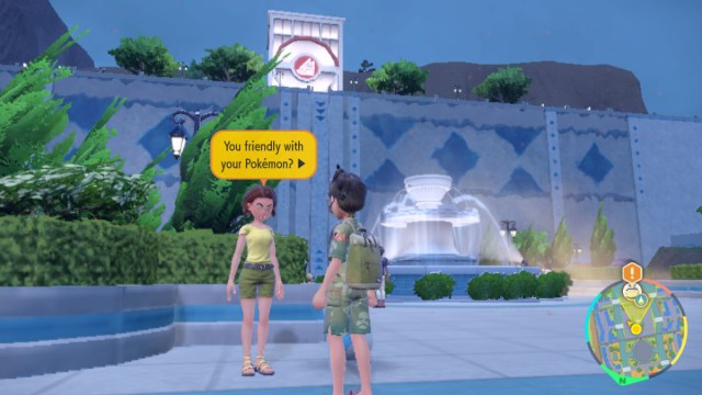 A screenshot of the player speaking to the NPC who checks Pokémon friendship in Scarlet and Violet.