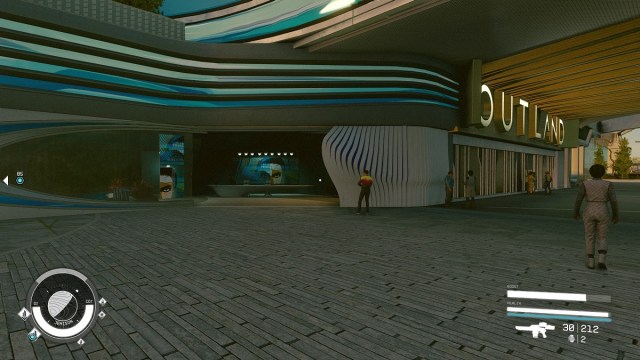 Starfield screenshot of the entrance to the Enhance Store by Outland