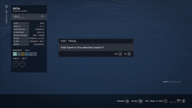 A screenshot of the Fast Travel menu in Starfield.