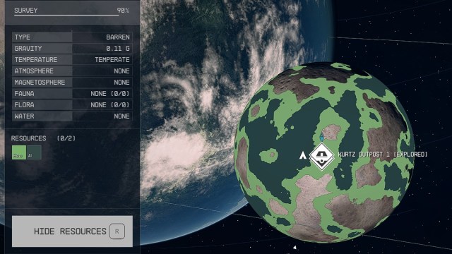 Starfield screenshot of the Kurtz planet map showing the resource view.