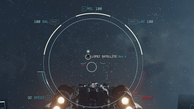 Starfield screenshot of a player's ship heading toward the Lopez Satellite