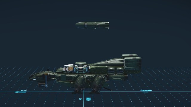 Starfield screenshot of a green ship in the Ship Builder with a missle being held at the height limit