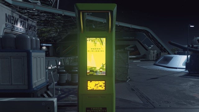 Starfield screenshot of a green kiosk with yellow screens and the words Trade Authority printed at the bottom.