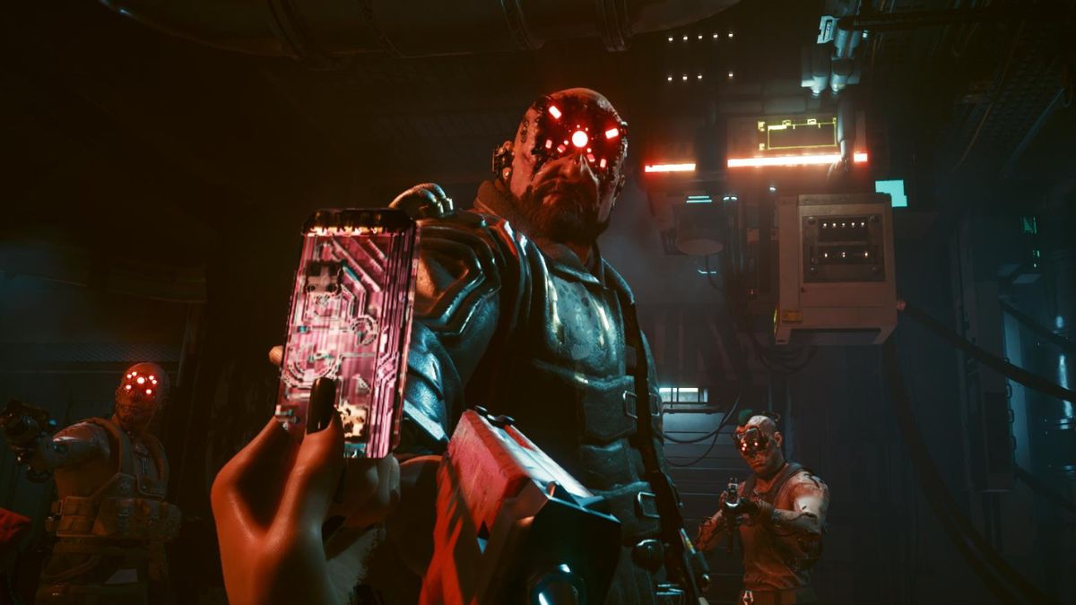 Screenshot of giving Royce the Militech Datashard credchip in Cyberpunk 2077.