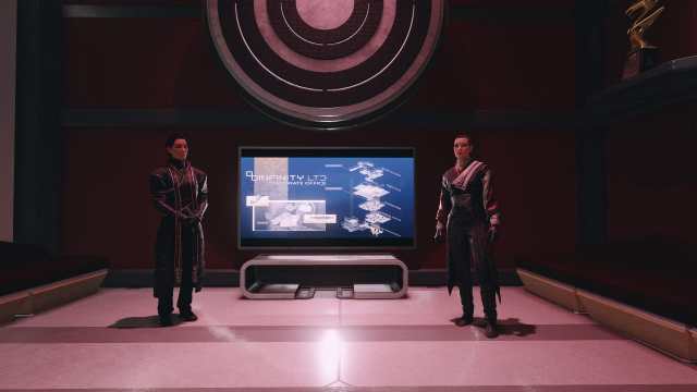 Starfield screenshot of  Masako and Ularu standing on either side of a screen that says Infinity LTD.