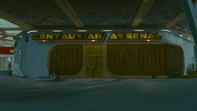 Starfield screenshot of the Centaurian Arsenal Weapon Shop building