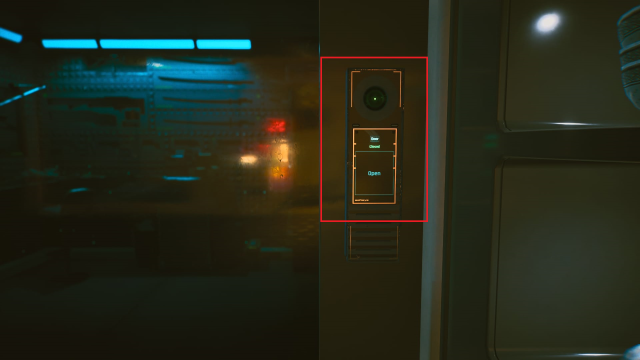 Cyberpunk 2077 screenshot of the panel beside the weapon stash door in V's apartment