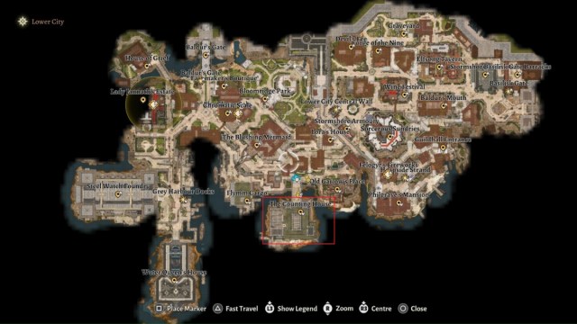 The Counting House location on the Lower City map in BG3