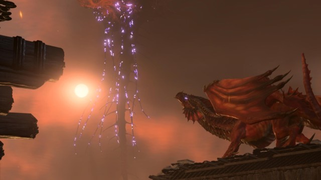BG3 screenshot of the dominated red dragon about to take flight in front of the Netherbrain