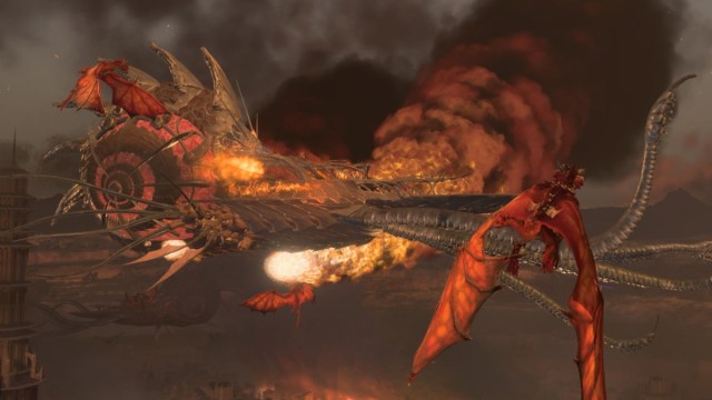 BG3 screenshot of red dragons attacking a nautiloid