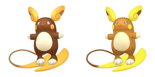 Official images of shiny and regular Alolan Raichu.