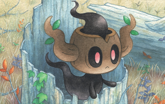 Official Pokémon TCG art of Phantump in a hollowed-out tree stump.