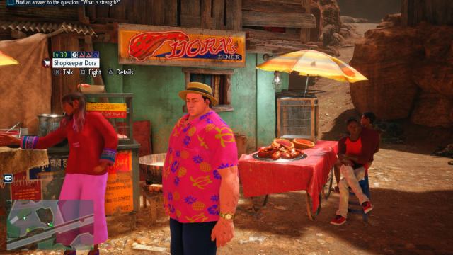 A Street Fighter 6 World Tour mode screenshot of Shopkeeper Dora, whose name is above her head, and the player. Dora's location is highlighted on the map on the lower left of the screen.