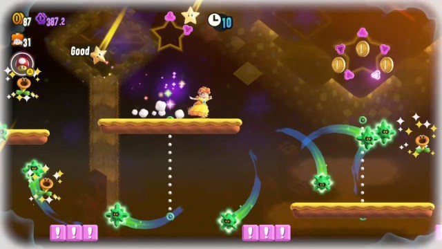 A Super Mario Bros. Wonder screenshot of the shooting stars Wonder Flower. Daisy is running by shooting invincibility stars.