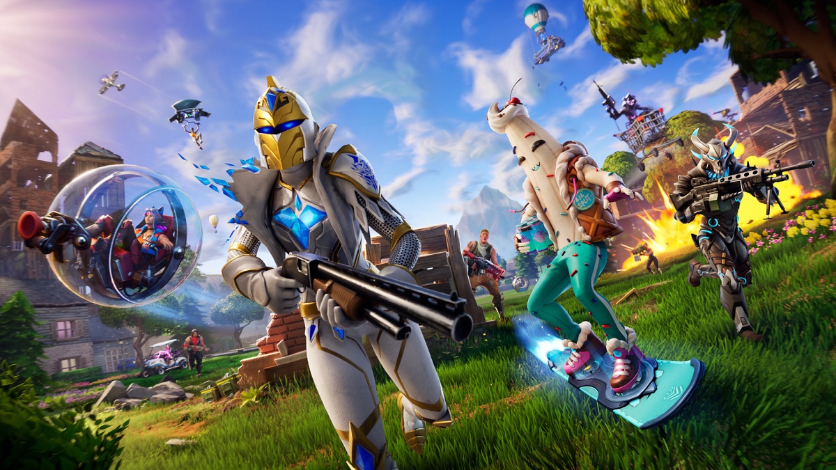 Image of avatars running around in promo art for Fortnite.