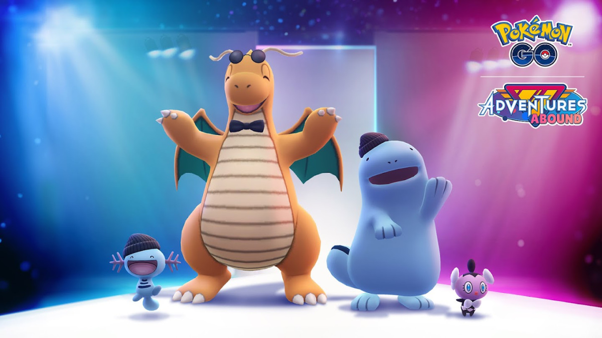 Pokémon GO image of costumed Wooper, Dragonite, Quagsire, and regular Gothita for Fashion Week 2023.